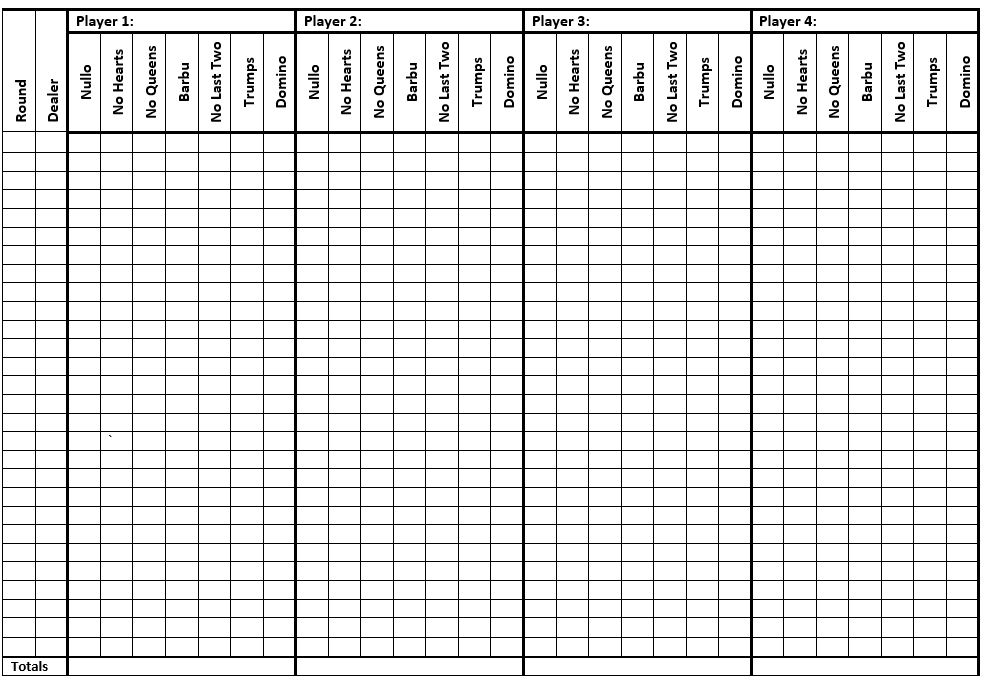 Printable Paper Scoresheet for the card game Barbu